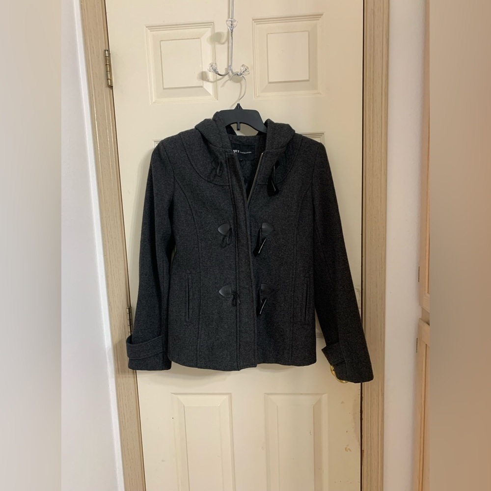Net Collection Women's Stylish Pea Coat Jacket Hood Pockets Gray Wool Size 8